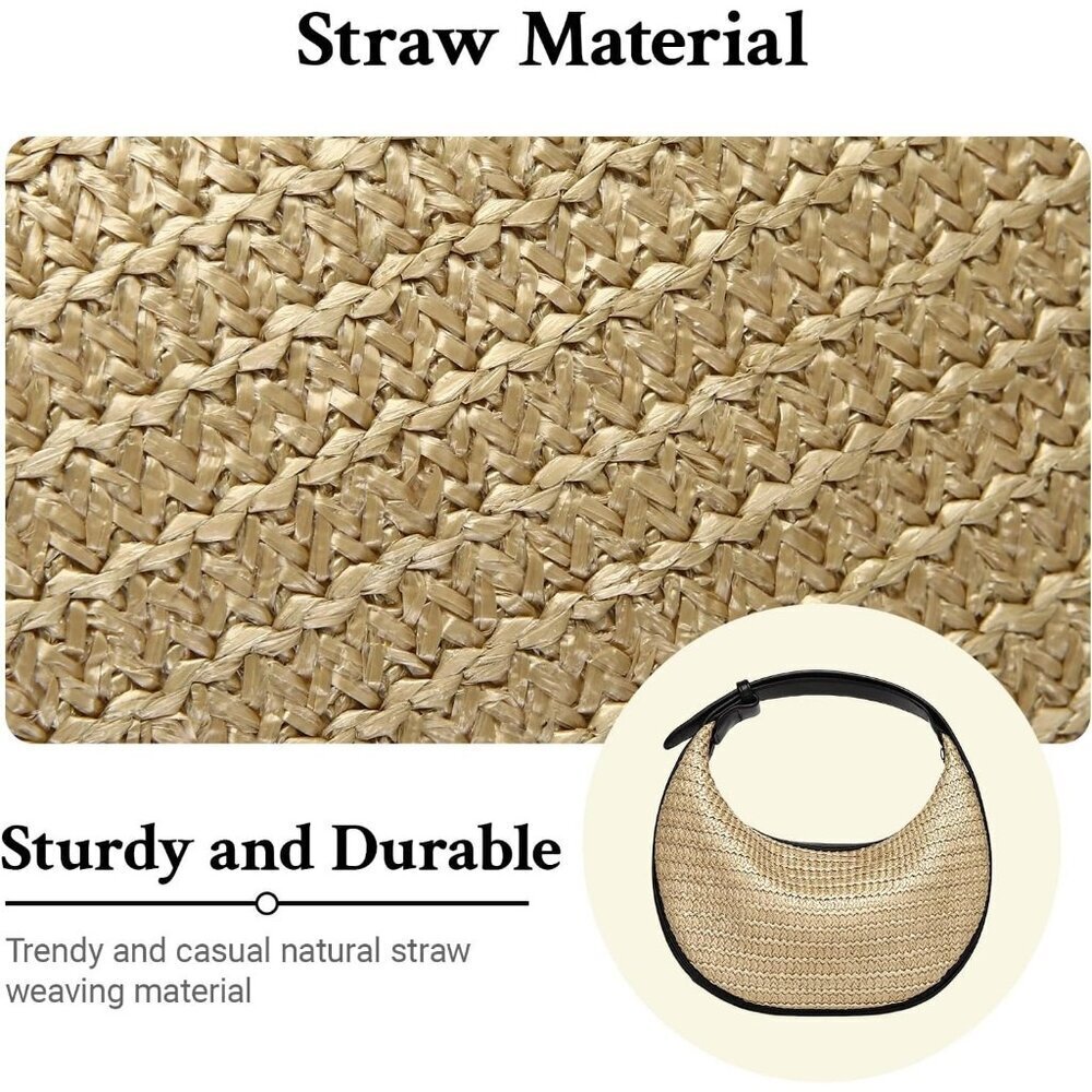 Women Black Herald Crescent Straw Bag Chic Summer Shoulder Purse - Picture 7 of 9